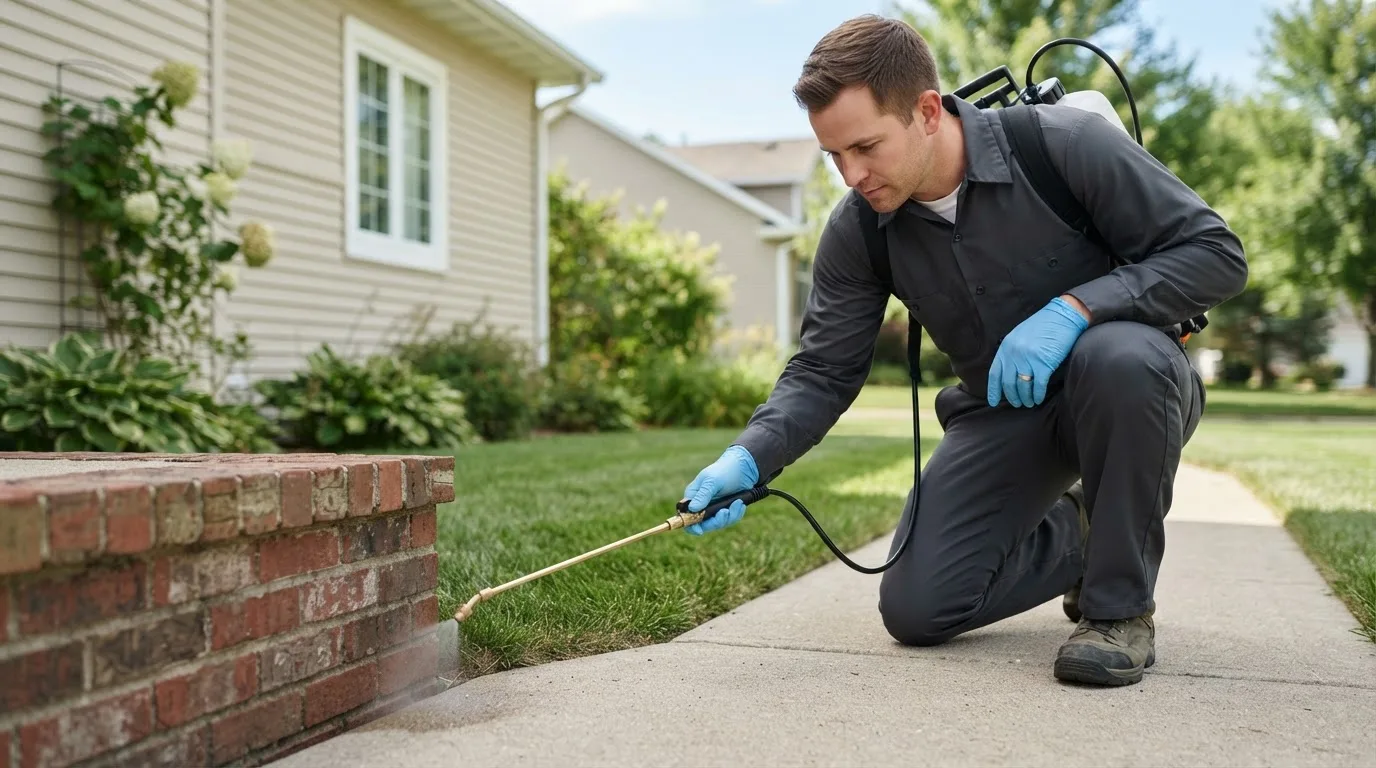 Pest control technician treating a home near Manchester, NH